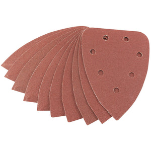 A set of eight Draper Aluminium Oxide Sanding Sheets, each measuring 141 x 141 x 98mm with multiple holes and a hook and loop system for easy attachment, featuring a 120 grit texture - APT253.