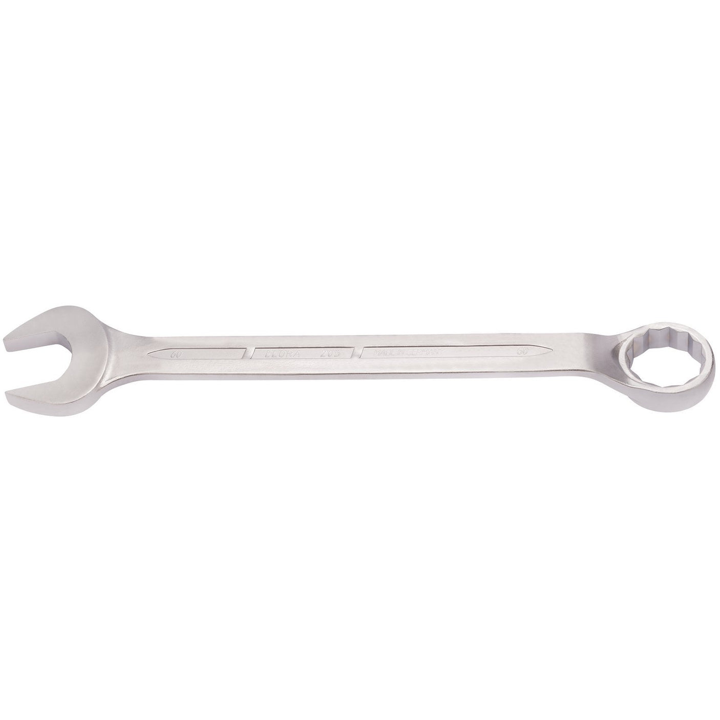 The Draper Elora Long Combination Spanner, 60mm - 205-60, crafted from durable chrome vanadium steel, boasts a silver finish with an open-end on one side and a bi-hexagon ring box-end on the other, displayed against a white background.