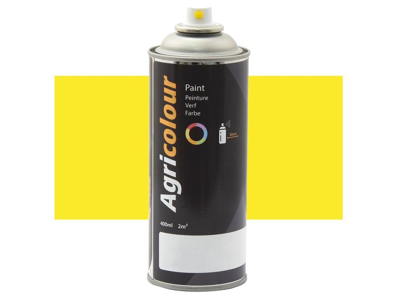 A Sparex Part Number: S.92362 400ml Yellow aerosol spray can of Agricolour paint with a yellow swatch in the background. The predominantly black can features text indicating its contents and purposes, ideal for achieving a gloss finish on metal surfaces.