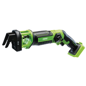 The Draper D20 20V Pruning Saw (Sold Bare) - D20G/RS is a green and black handheld power tool with a flexible, angled design and a claw-like attachment at the end, powered by advanced lithium-ion battery technology.