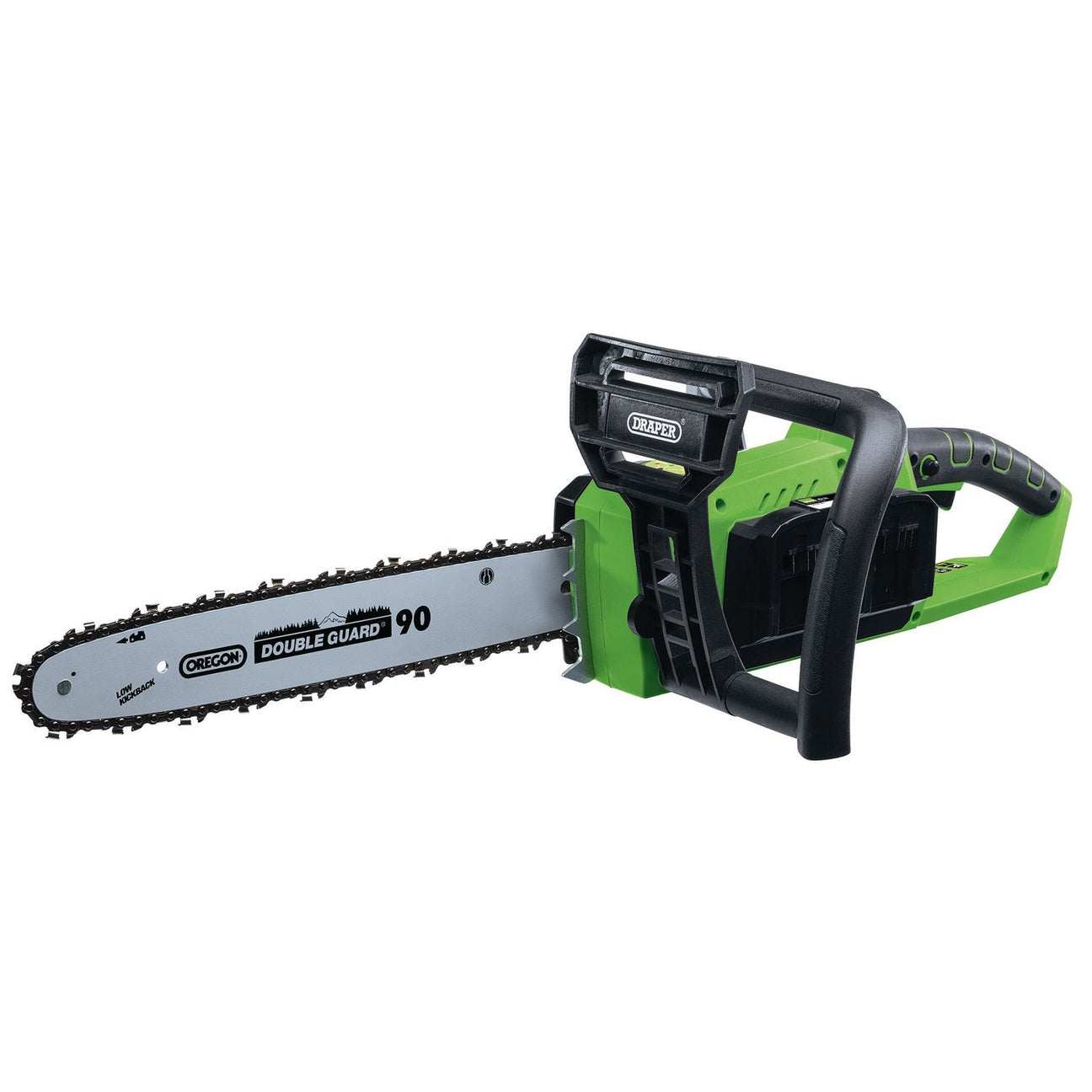 A green and black Draper D20 40V Chainsaw (Sold Bare) - D20G/CS40, this powerful yet lightweight tool features a convenient battery slot on the side.