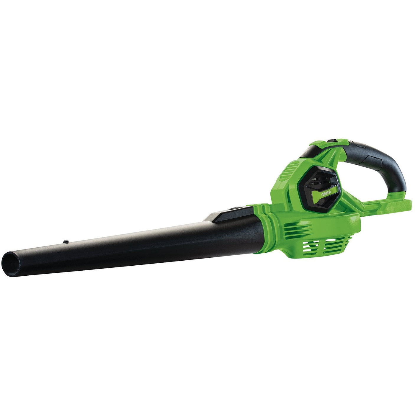 The Draper D20 20V Leaf Blower (Sold Bare) - D20G/LB is a green and black handheld device designed for outdoor use, featuring an extended nozzle, ergonomic handle, and a 2-speed setting with an interchangeable battery system.