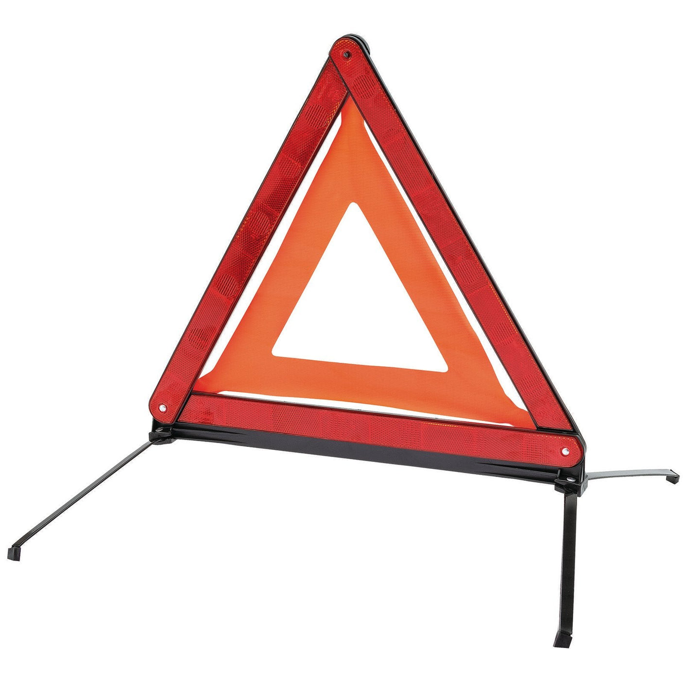 The Draper Vehicle Warning Triangle - WT1C, a red reflective warning triangle with a folding design and supporting frame used to indicate a vehicle breakdown or other road hazard, comes in a weatherproof carry case.