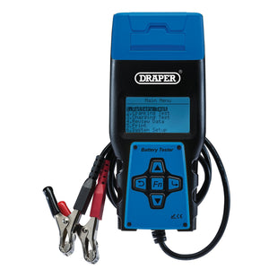 The Draper Battery Tester With Printer - BT-P features a digital display, navigation buttons, and attached cables with alligator clips for effective battery testing.