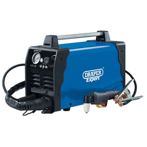 The Draper Expert Plasma Cutter, 25A - IPC25 by Draper combines blue and black aesthetics with attached cables and a control panel. It's equipped with a handle for portability and features IGBT inverter technology for efficient cutting performance.