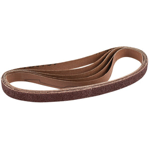 The Draper Assorted Aluminium Oxide Abrasive Belt, 13 X 457mm (APT254), coiled in a loose loop, reveals its textured aluminium oxide abrasive surface, making it perfect for use with various sanding machines.