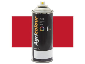 A can of Sparex Agricolour red gloss aerosol paint, labeled in black with usage instructions, holding a volume of 400 ml and providing coverage for up to 2 square meters. The background is red. (Sparex Part Number: S.92579)