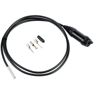 The Draper Camera Probe, 3.9mm - AIC100-BSPG100, featuring a black cable with a cylindrical sensor on one end and a black connector on the other, is displayed alongside several small metal and plastic components on a white background.