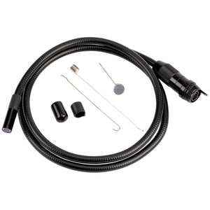 A Draper Camera Probe, 8.5mm - AIC100-BSPG100 in black, featuring a flexible cable and accompanied by a hook, magnet, two caps, and a small spring.