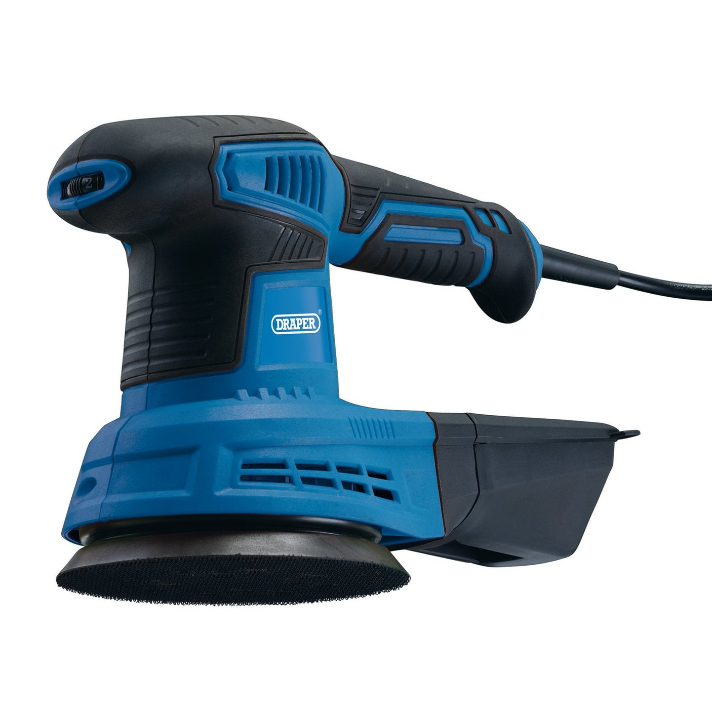 The Draper 230V Random Orbit Sander, 125mm, 450W - ROS450D in blue and black, equipped with a power cord, dust extraction facility, and variable speed random orbit sander capability ensures an ultra-smooth finish.