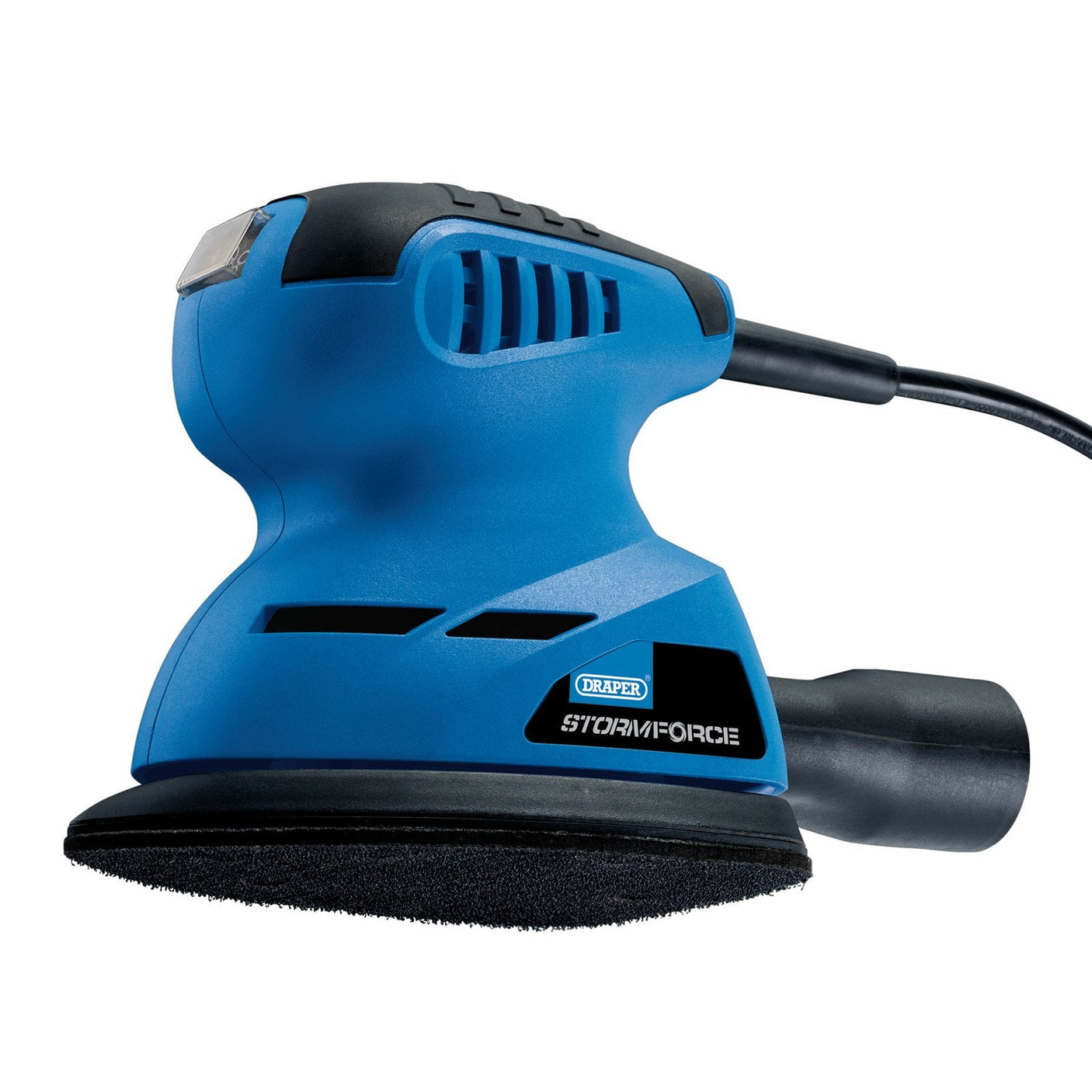 A blue and black Draper Storm Force® 230V Tri-Base Detail Sander, model PT125SF, features a lightweight design with a power cord, dust extraction port, soft grip handle, and padded sanding base.