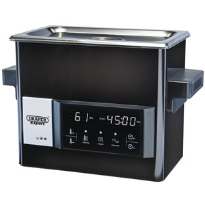 The Draper Ultrasonic Cleaning Tank, 3L - UCT-3L, by Draper is a black cleaner equipped with a touch screen control panel that displays settings such as temperature and timer. Its high-performance transducers guarantee optimal cleaning efficiency in the ultrasonic cleaning tank.