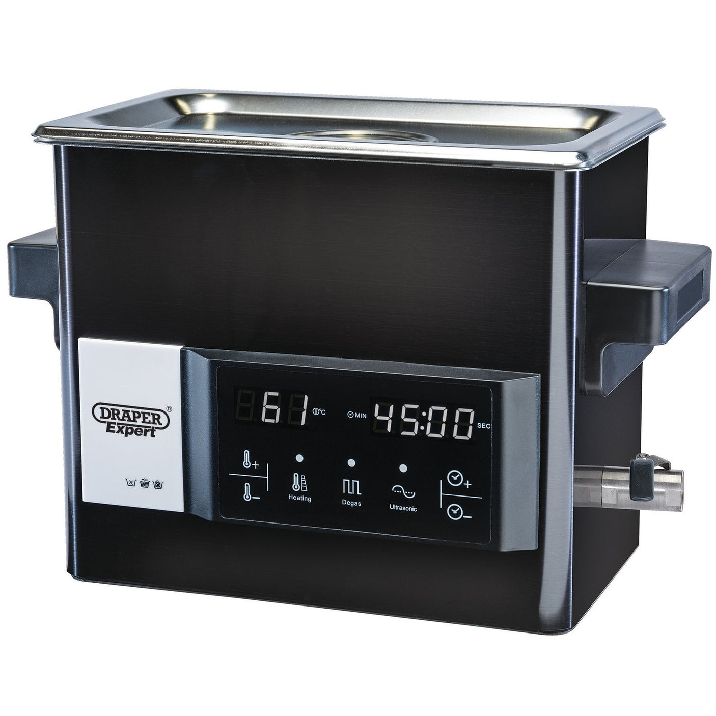 The Draper Ultrasonic Cleaning Tank, 27L - UCT-27L is a black high-performance cleaner featuring advanced transducers, a touch screen control panel for temperature and timer settings, and a stainless steel basin.