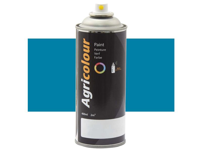 A can of Agricolour spray paint from Sparex, with a blue label, yellow nozzle, and graphics indicating 400ml and 2m² coverage. The word "Paint" is written in multiple languages on the can. Perfect for achieving a gloss finish on any metal surface. (Sparex Part Number: S.92652)