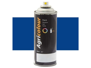 A can of Sparex's Agricolour spray paint, 400ml, featuring a black body with a white label, is displayed against a blue rectangle background. The Blue Gloss Aerosol (Sparex Part Number: S.92698) provides an excellent gloss finish ideal for metal surfaces.