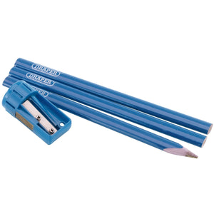 Three blue traditional pattern broad lead pencils from the Draper Dispenser Of Carpenter's Pencil And Sharpener Sets (12 Piece) - CPSS collection, one sharpened and two unsharpened, with a blue sharpener placed beside them.