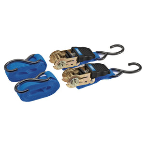 Two Draper Ratchet Tie Down Straps, 4.5M x 25mm and capable of securing up to 225Kg, featuring metal hooks and tightening mechanisms made from durable polyester webbing, coiled and ready to transport loads.