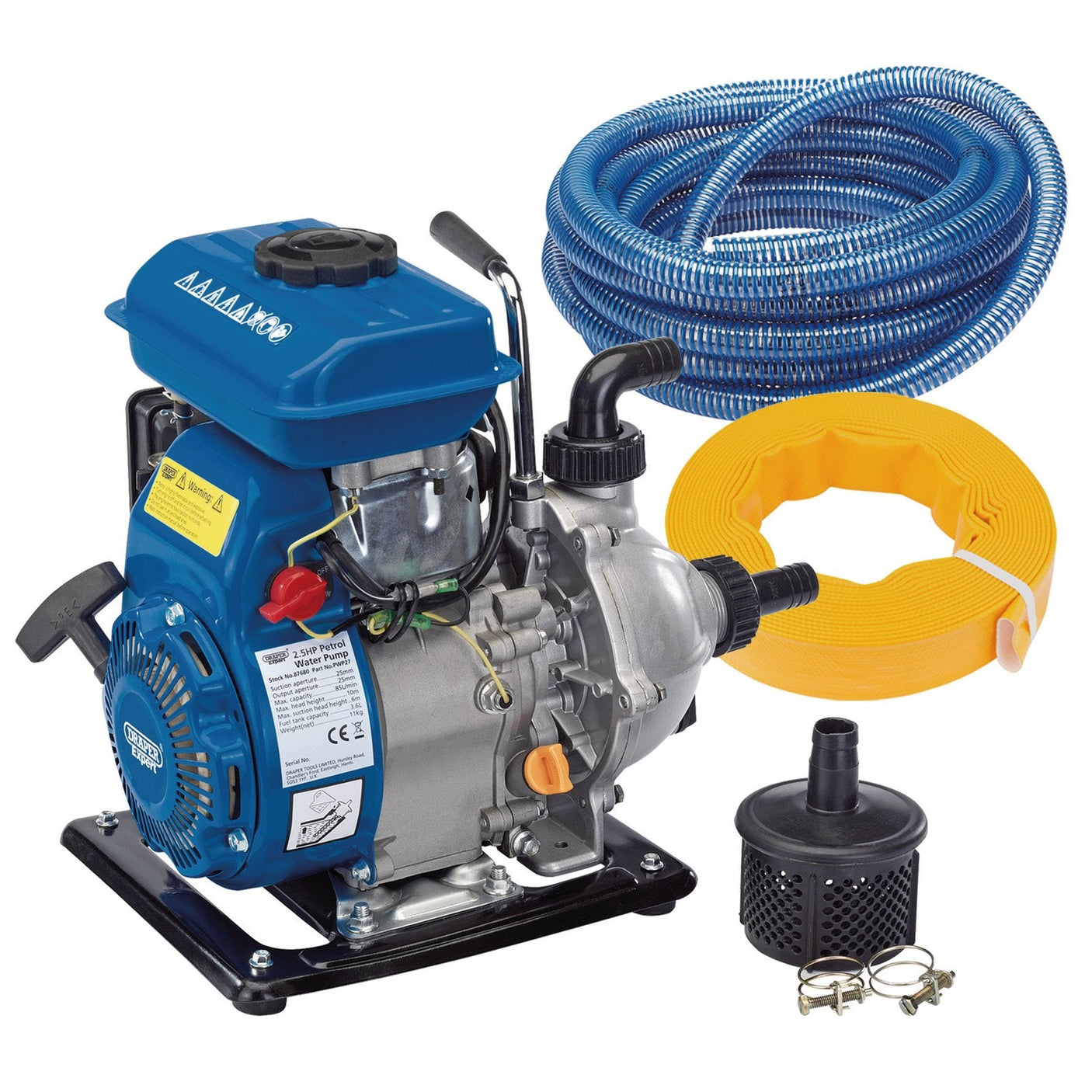 Image of a blue water pump powered by a 2.5HP four-stroke engine with a yellow coiled hose, a blue coiled hose, and various attachments, including hose clamps and a black strainer—featuring the Draper Emergency Flood Kit 2 (*FLOOD2), the perfect solution for your emergency flood kit.