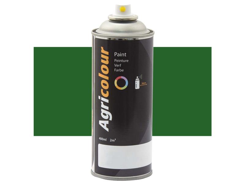 A 400ml aerosol can of Sparex Paint - Agricolour Green Gloss (Sparex Part Number: S.92891) featuring a dark label with a green background, the word "AgriColour," and icons indicating usage and spray area, perfect for metal surface preparation.