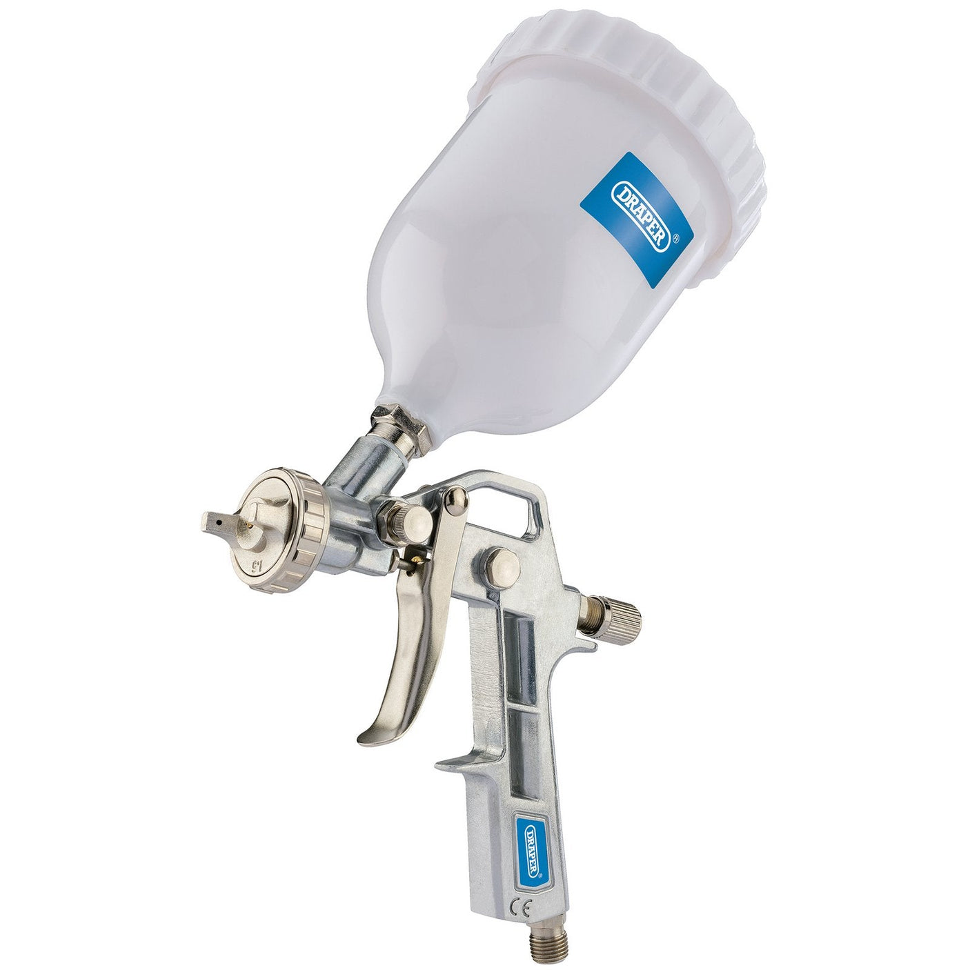 The Draper Gravity Feed Air Spray Gun, 500Ml - GSG5-500ML features a sleek silver design with a white plastic paint container situated at the top, ensuring optimal paint transfer efficiency.