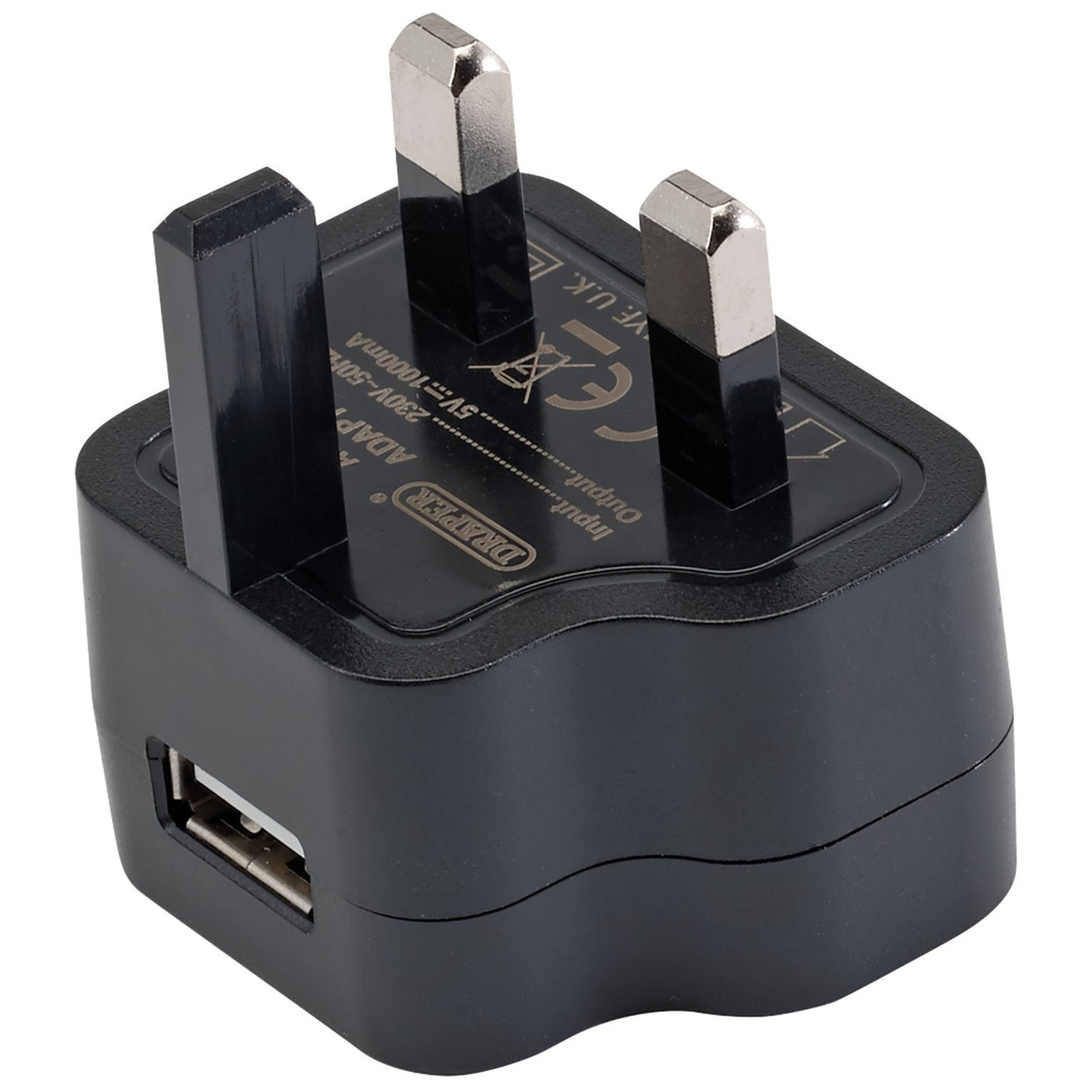 The Draper 230V USB Charger, 1 Amp - AUSB(UK) is a black USB wall plug adapter with a UK three-pin plug design, ideal as a spare charger for mobile phones.