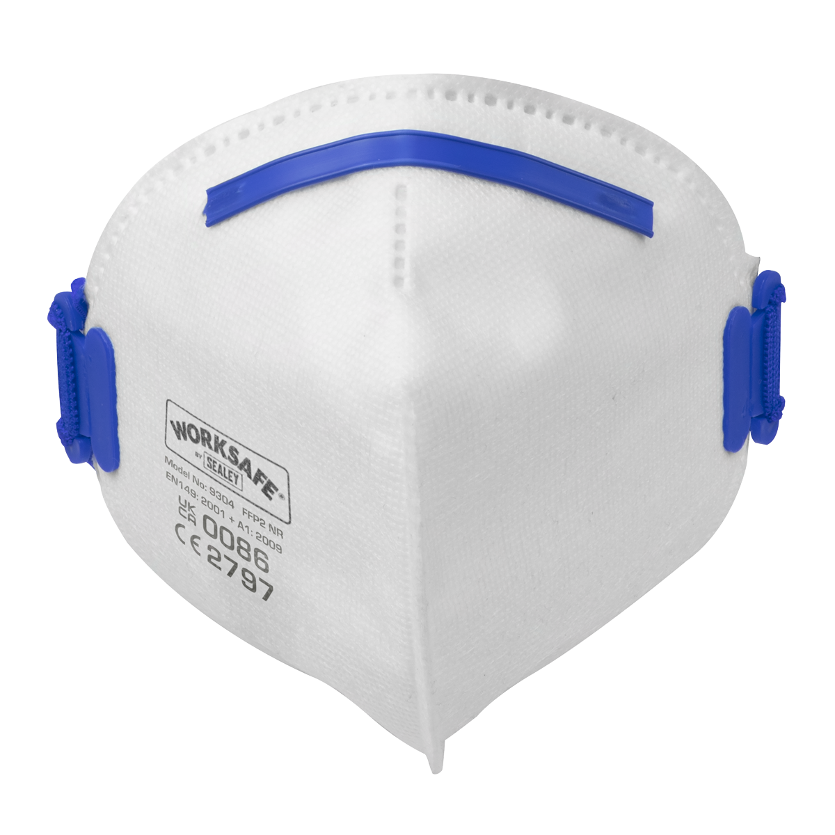 A white Fold Flat Mask FFP2 by Sealey, featuring blue straps and a visible WORKSAFE label on the front.