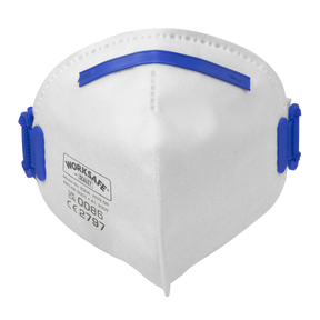A white Fold Flat Mask FFP2 by Sealey, featuring blue straps and a visible WORKSAFE label on the front.