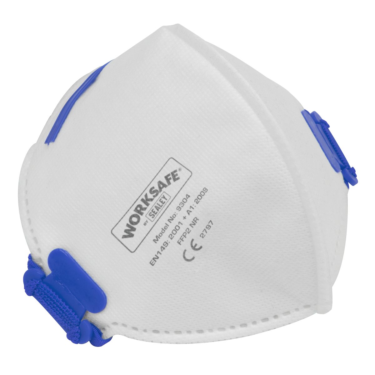 Sealey Fold Flat Mask FFP2, model number 9304/3, is a pack of three masks featuring blue straps and a valve. These masks are designed for respiratory protection with high filter efficiency and adhere to the EN149:FFP2 NR standard.