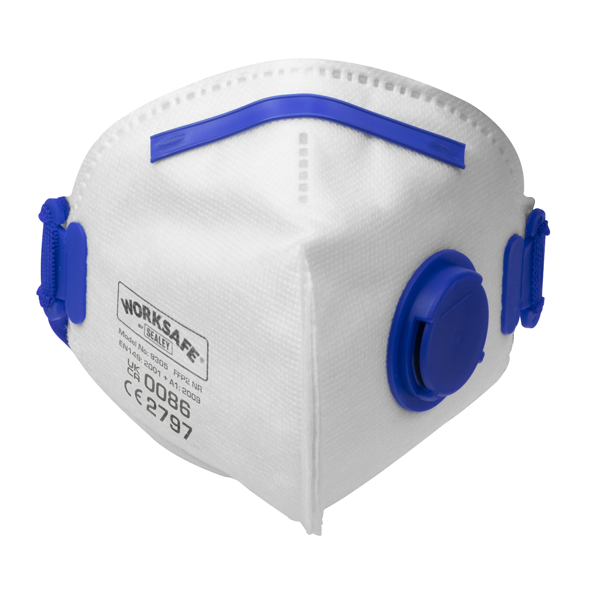 A white Valved Fold Flat Mask FFP2 from Sealey, featuring blue adjustable straps and a circular filter on the right side. The front displays safety certification, embodying the reliability of FFP2 masks.