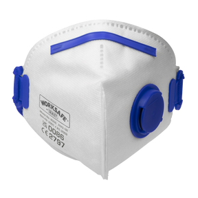 White protective face mask with blue edges, featuring adjustable straps on the sides, a blue valve, and labeled with the brand "Sealey." This Valved Fold Flat Mask FFP2 NR includes particulate filters for enhanced safety. Pack of 3 - 9305/3.