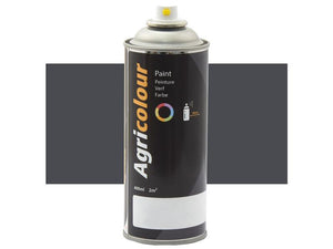 A Sparex aerosol can of Agricolour grey gloss paint, labeled black and white, is designed for spray application on metal surfaces. The can, marked with Sparex Part Number S.93065, holds 400ml and covers 2 square meters, providing a durable gloss finish.