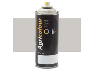 A sleek grey-white, gloss aerosol spray paint can labeled "Sparex Agricolour," with a yellow nozzle, boasting a 400ml capacity and capable of covering 2 square meters.