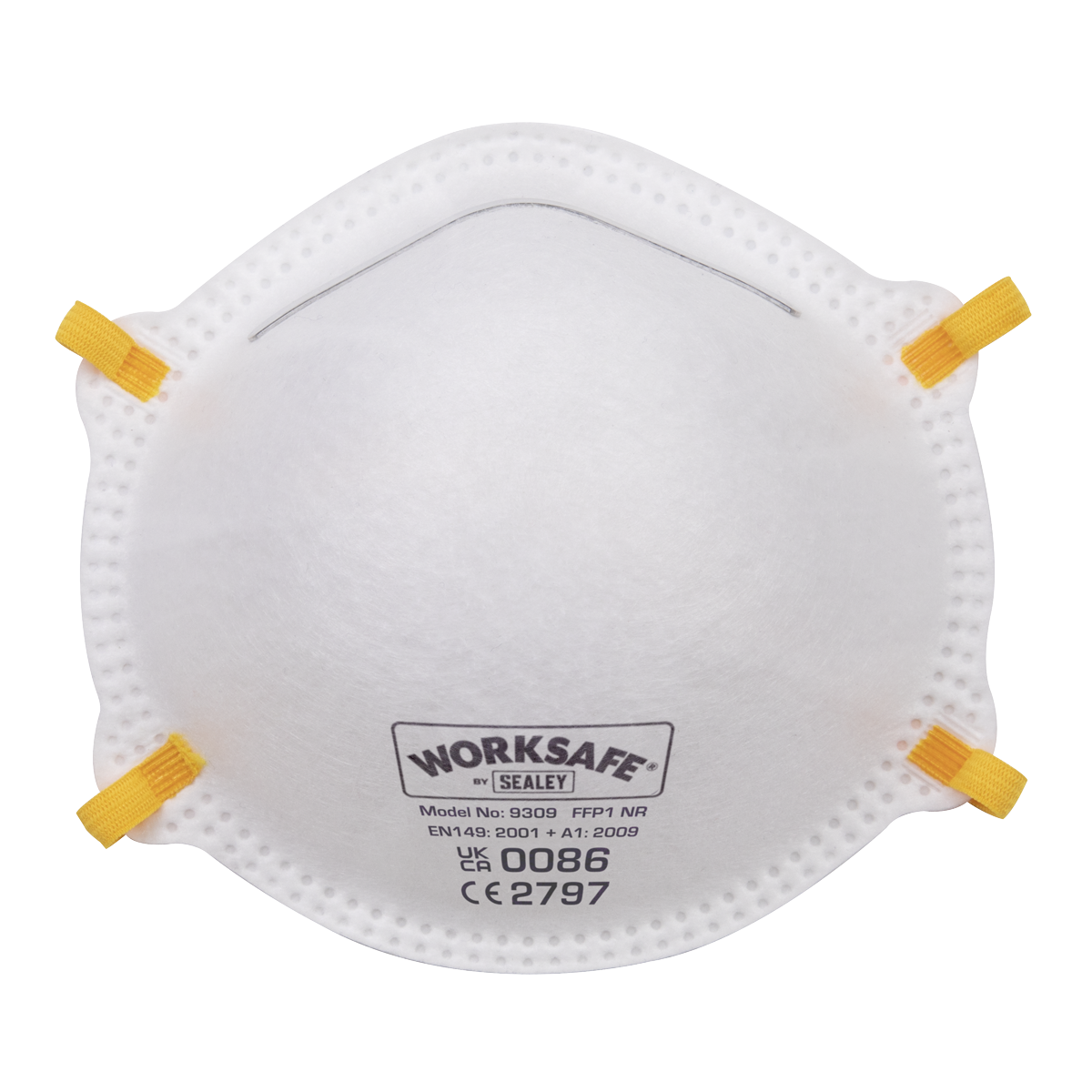 A white Sealey Cup Mask FFP1, model 9309/10, featuring yellow straps. It complies with EN149:2001 + A1:2009, UKCA, and CE standards, offering reliable dust protection with its efficient particulate filters. Available in a pack of 10.