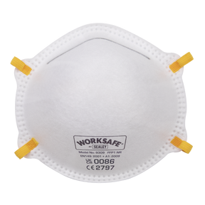A white Sealey Cup Mask FFP1, model 9309/10, featuring yellow straps. It complies with EN149:2001 + A1:2009, UKCA, and CE standards, offering reliable dust protection with its efficient particulate filters. Available in a pack of 10.