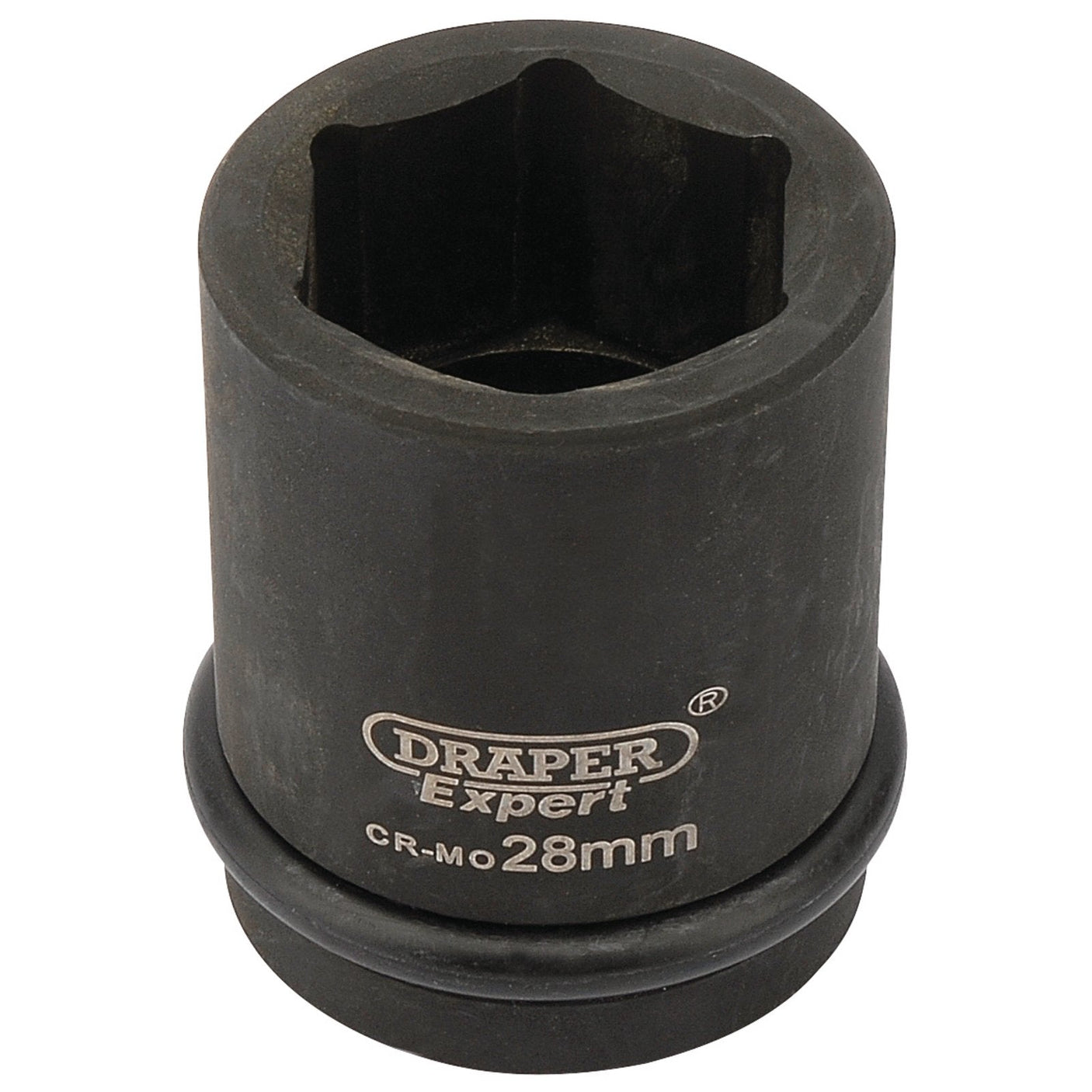 A Draper Expert Hi-Torq® 6 Point Impact Socket, 3/4" square drive, 28mm with a hexagonal opening and the Draper brand name printed on its side, ideal for use with impact wrenches.