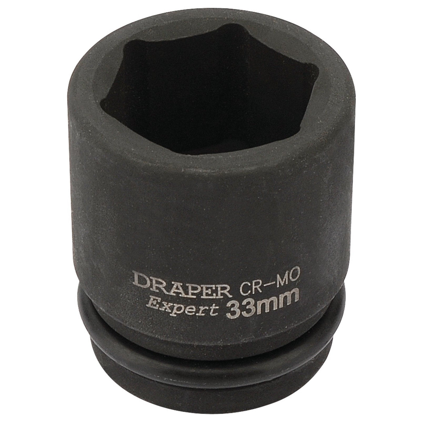 A Draper Expert Hi-Torq® 6 Point Impact Socket, 3/4" Sq. Dr., 33mm - 419-MM, crafted from durable chrome molybdenum with a hexagonal interior and clear markings on the outer surface, is perfectly suited for use with air wrenches.