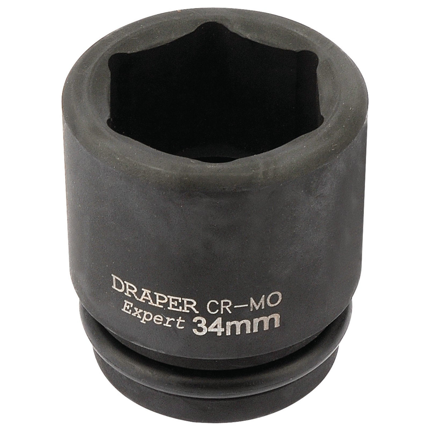 A Draper Expert Hi-Torq® 6 Point Impact Socket with a 3/4" square drive, robust black design, and a 34mm measurement, typically used for automotive and mechanical applications, known for its enhanced durability.