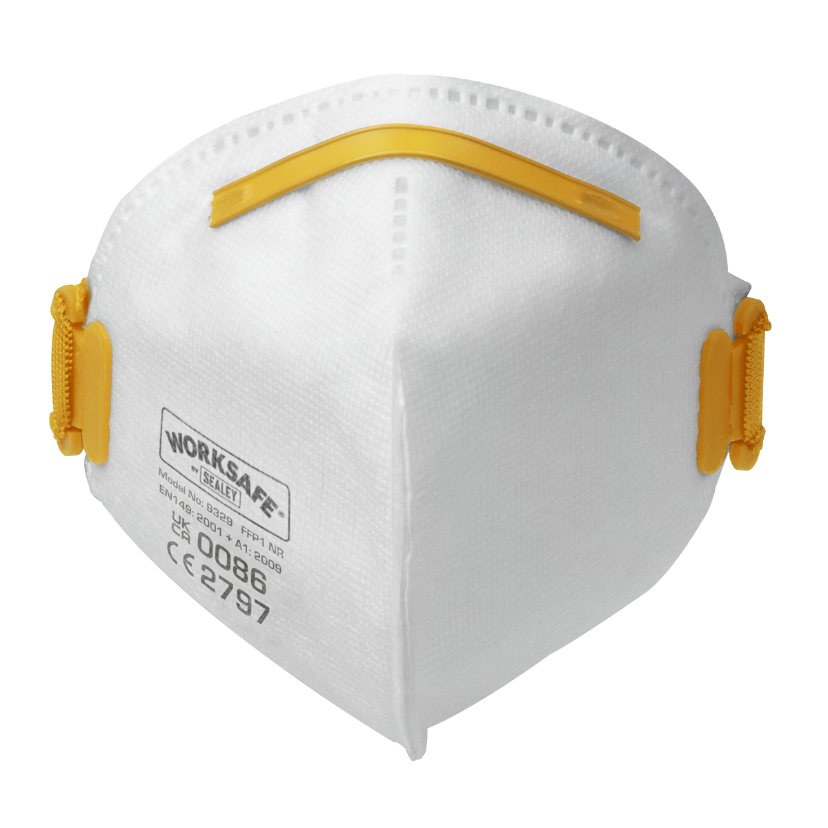 The Sealey Fold Flat Mask FFP1, available in a pack of 10 (model 9329/10), features yellow elastic bands and a nose clip, with "WORKSAFE" printed on the front. It is designed with particulate filters for optimal protection.