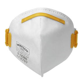 The Sealey Fold Flat Mask FFP1, available in a pack of 10 (model 9329/10), features yellow elastic bands and a nose clip, with "WORKSAFE" printed on the front. It is designed with particulate filters for optimal protection.