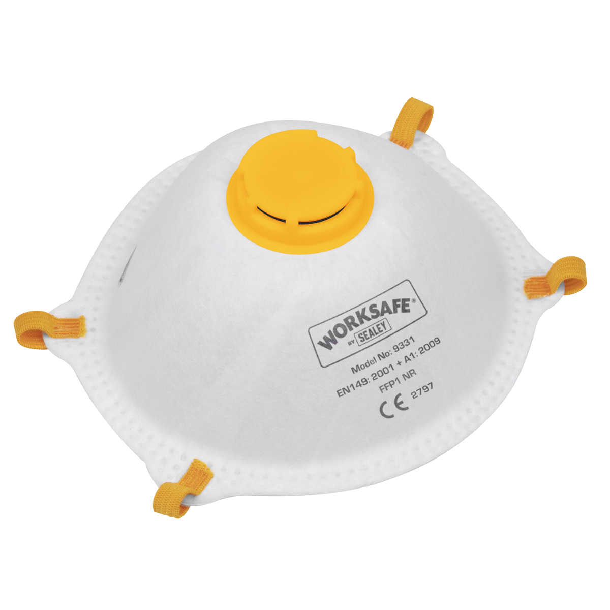 A white Sealey branded Cup Mask Valved FFP1 from the 9331/3 pack, equipped with yellow elastic straps and a yellow valve in the center. The mask is designed for non-toxic dust protection, displays various certification markings, and boasts a filter efficiency of 80%.