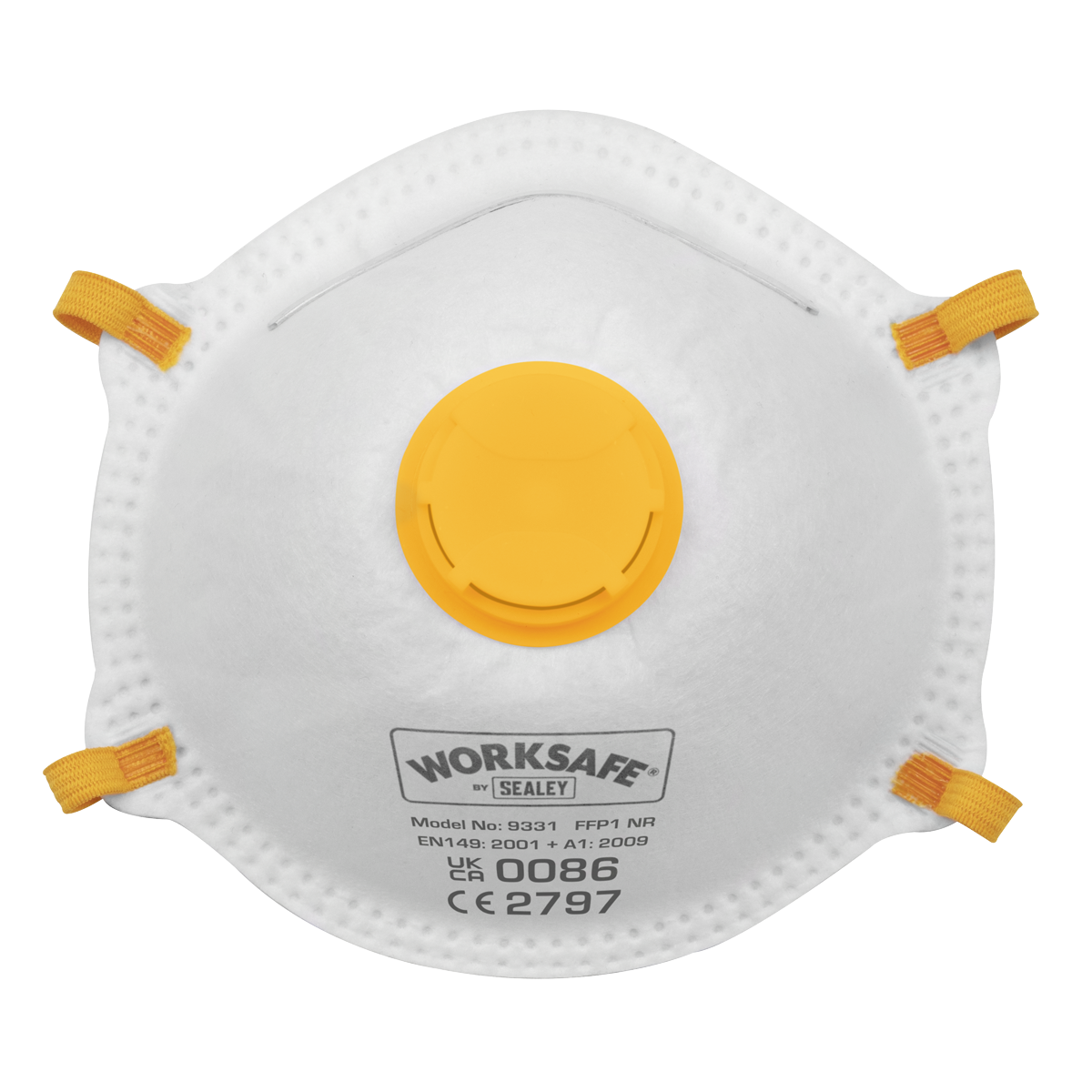 A white Sealey Cup Mask Valved FFP1 with a yellow valve, featuring orange straps and model number 9331/3 printed on the front, providing non-toxic dust protection with filter efficiency of 80%.