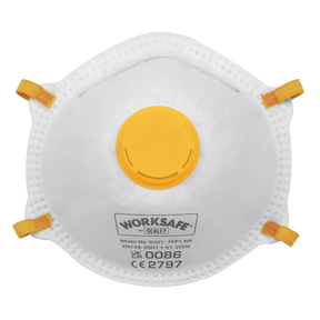 A white Sealey Cup Mask Valved FFP1 with a yellow valve, featuring orange straps and model number 9331/3 printed on the front, providing non-toxic dust protection with filter efficiency of 80%.