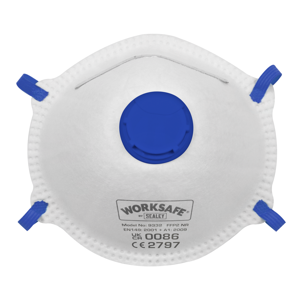 Image of a Sealey Cup Mask Valved FFP2 face mask with a blue breathing vent. The mask, from the model 9332/10 pack of 10, is white with blue straps and showcases its high filter efficiency.