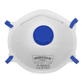 Image of a Sealey Cup Mask Valved FFP2 face mask with a blue breathing vent. The mask, from the model 9332/10 pack of 10, is white with blue straps and showcases its high filter efficiency.