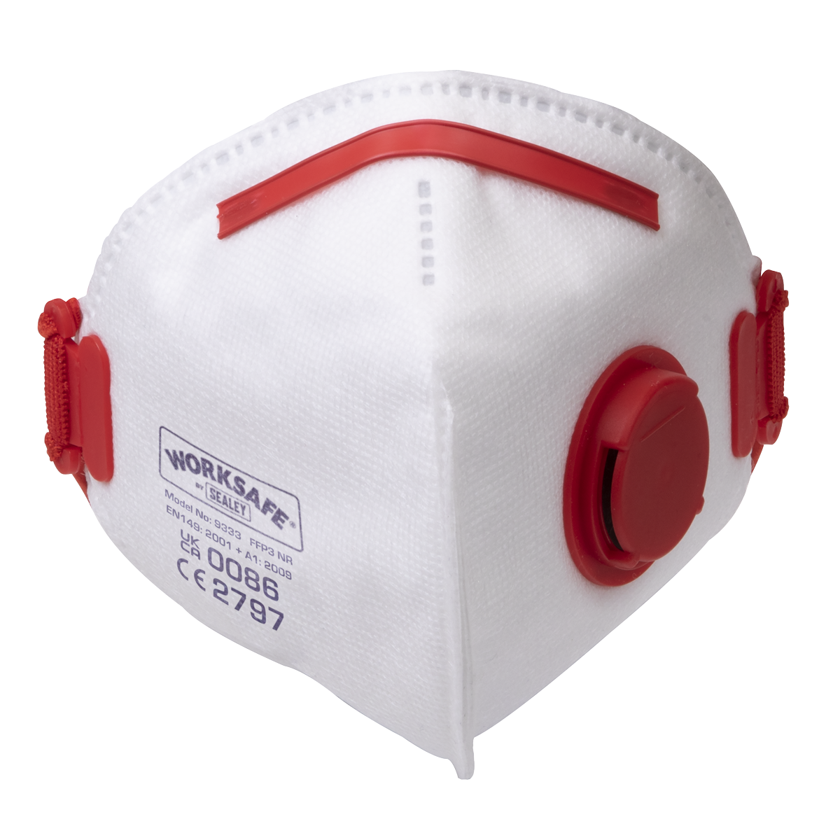 A white Sealey Valved Fold Flat Mask FFP3 with red elastic straps and a red exhalation valve. The mask, designed as one of the reliable FFP3 masks, has "Sealey" branding and certification details printed on the side. Available in a pack of 3 (9333/3).