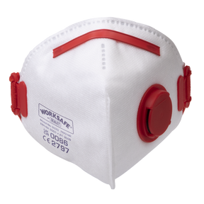A white Sealey Valved Fold Flat Mask FFP3 with red elastic straps and a red exhalation valve. The mask, designed as one of the reliable FFP3 masks, has "Sealey" branding and certification details printed on the side. Available in a pack of 3 (9333/3).
