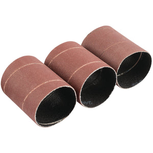 Three Draper Aluminium Oxide Sanding Sleeves, 45 x 60mm and 240 grit, are lined up side by side, showcasing their cylindrical shape and gritty texture—perfect for sanding and smoothing surfaces.