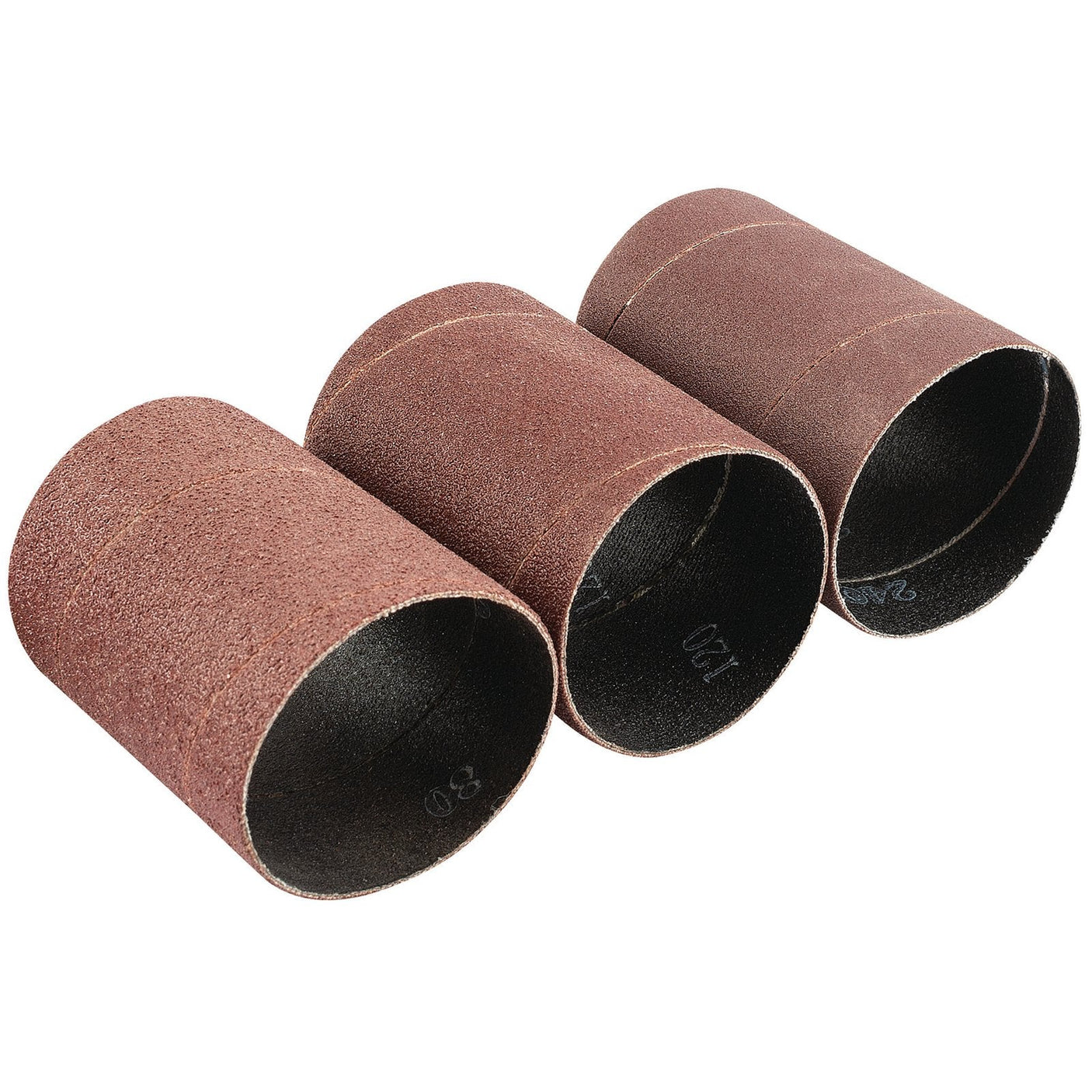 Three Draper assorted grit aluminium oxide sanding sleeves, each measuring 45 x 60mm, are aligned side by side.