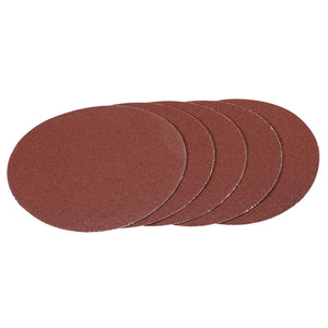 A pack of five Draper Hook and Loop Aluminium Oxide Sanding Discs, each 180mm in diameter with a 60 grit, arranged slightly overlapping. Ideal for use with Draper sanding machines.