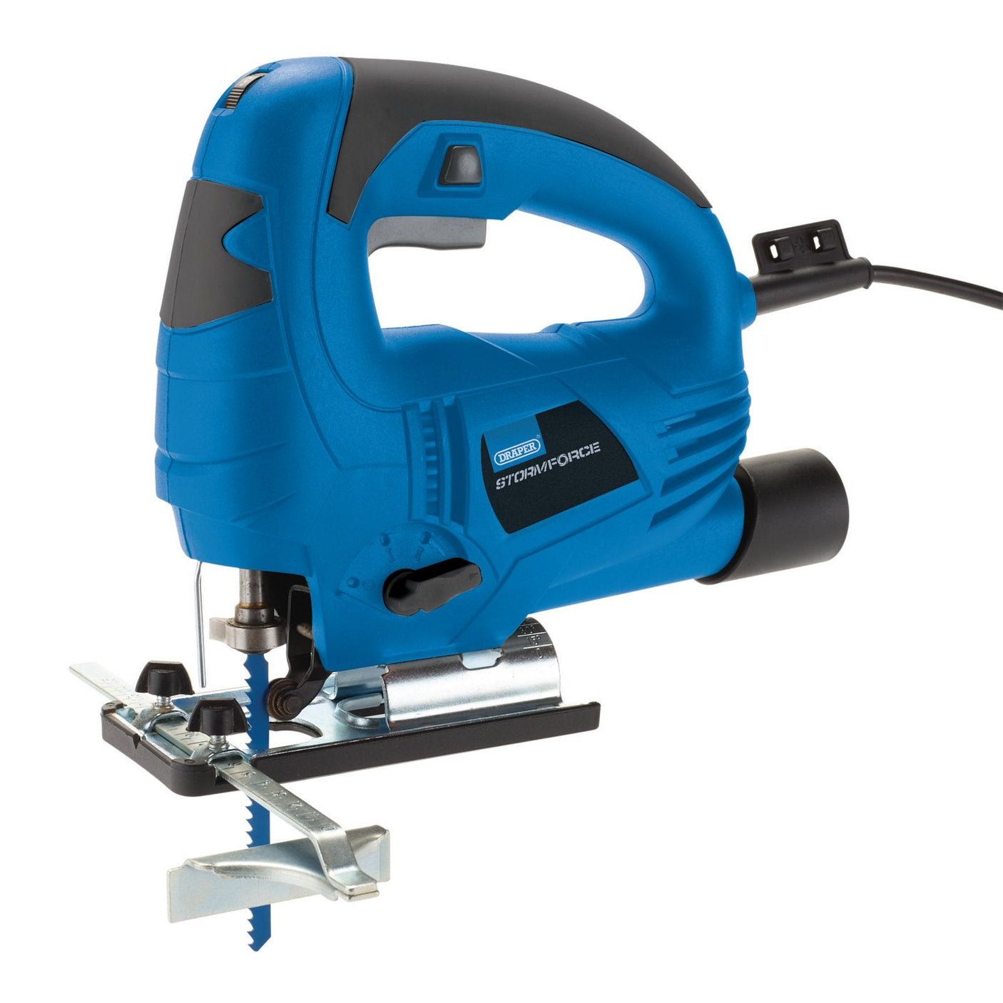 The Draper Storm Force® 230V Orbital Jigsaw, 550W - JS550SF is a blue jigsaw featuring variable speed control, a sharp blade, an ergonomic handle, and an attached power cord. Designed for precision cutting tasks, it includes a quick clamp blade change mechanism for ease of use.